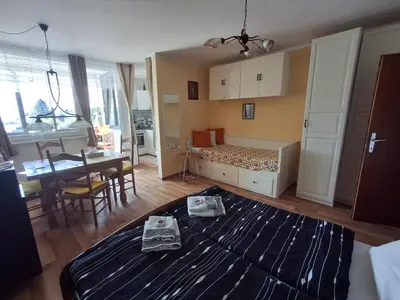 Ein Bett oder Betten in einem Zimmer der Unterkunft Apartma mit Seeblick