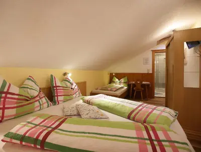 Ein Bett oder Betten in einem Zimmer der Unterkunft Haufhof-Pension am Bauernhof, Haus im Ennstal bei Schladming